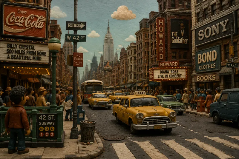 New Yorkin katunäkymä 1970-luvulla klassisine keltaisine takseineen