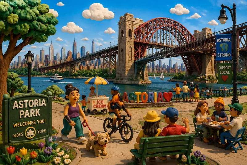 Astoria Park ja näkymä Manhattanin horisonttiin