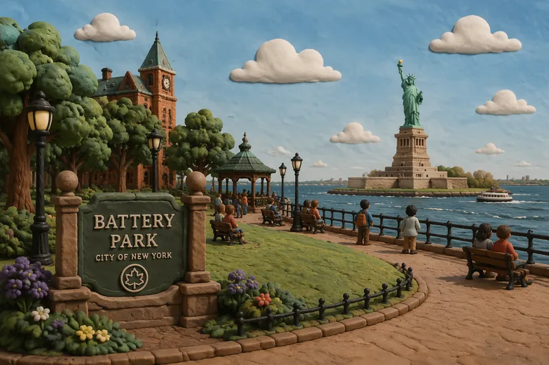 Battery Parkin puistoalue ja näkymä merelle Battery Parkin puistoalue ja näkymä merelle