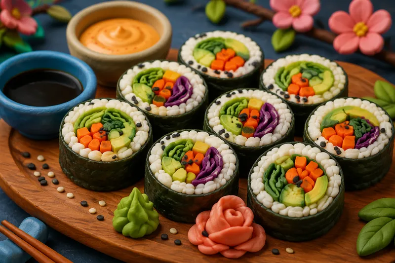 Moderni ja värikäs kasvis-sushi aseteltuna tarjoilulautaselle