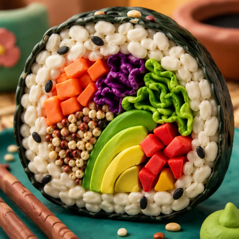 Lähikuva värikkäästä ja tuoreesta kasvis-sushi-rullasta