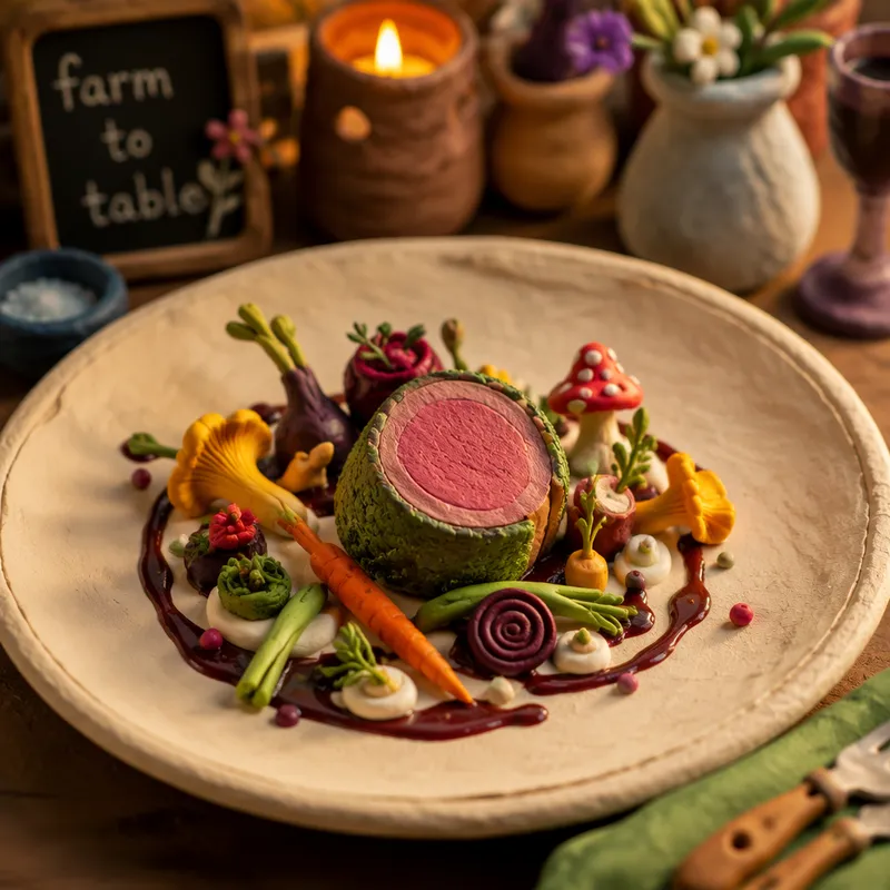 Taidokkaasti aseteltu gourmet-annos lautasella