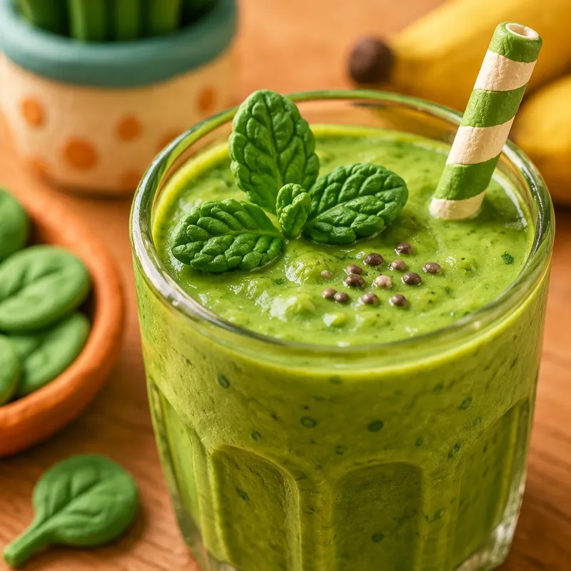 Raikas vihersmoothie koristeltuna mintunlehdellä