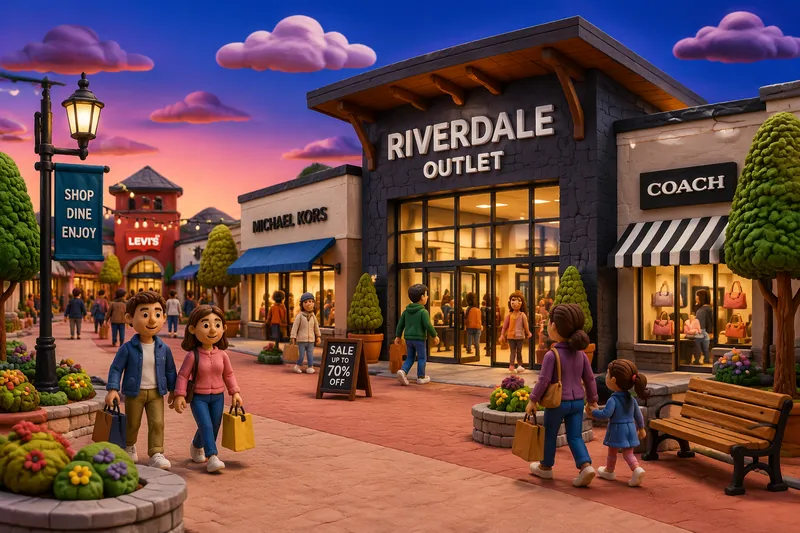 Moderni outlet-keskus iltavalaistuksessa Moderni outlet-keskus iltavalaistuksessa