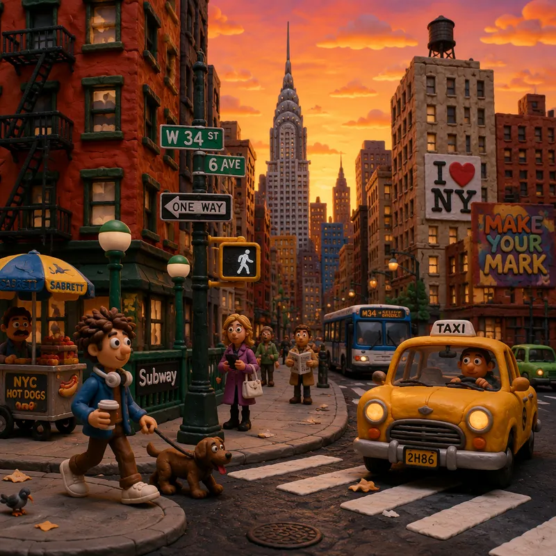 New Yorkin pilvenpiirtäjiä ja kaupunkimaisemaa auringonlaskun aikaan