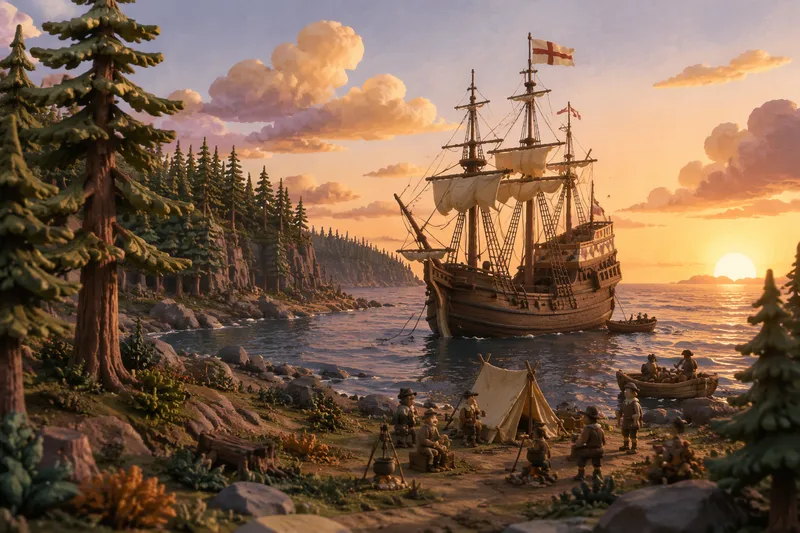 Purjelaiva saapumassa Pohjois-Amerikan rannikolle 1600-luvulla