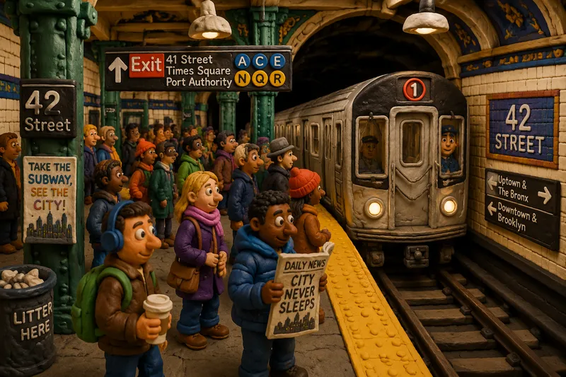 New Yorkin metron vilkas asema ja saapuva juna New Yorkin metron vilkas asema ja saapuva juna