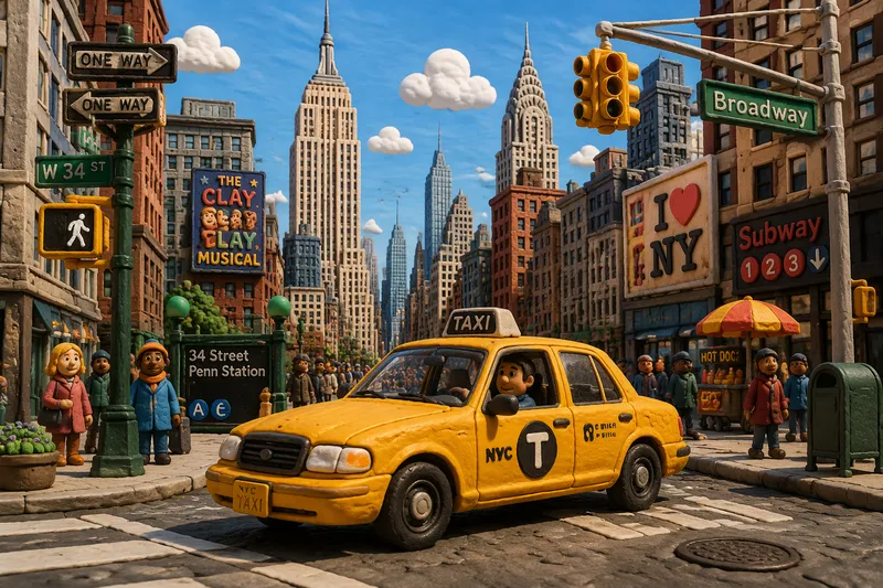 Keltainen taksi ajamassa vilkkaalla New Yorkin kadulla Keltainen taksi ajamassa vilkkaalla New Yorkin kadulla