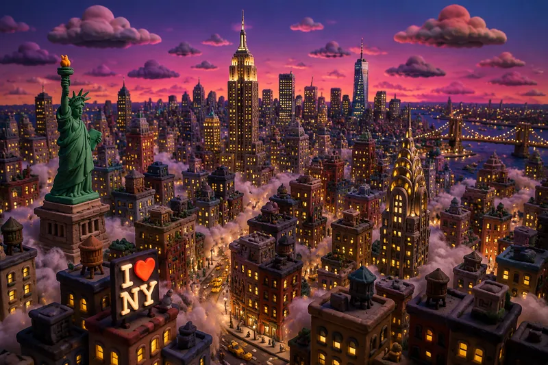 New Yorkin valaistu kaupunkimaisema hämärässä