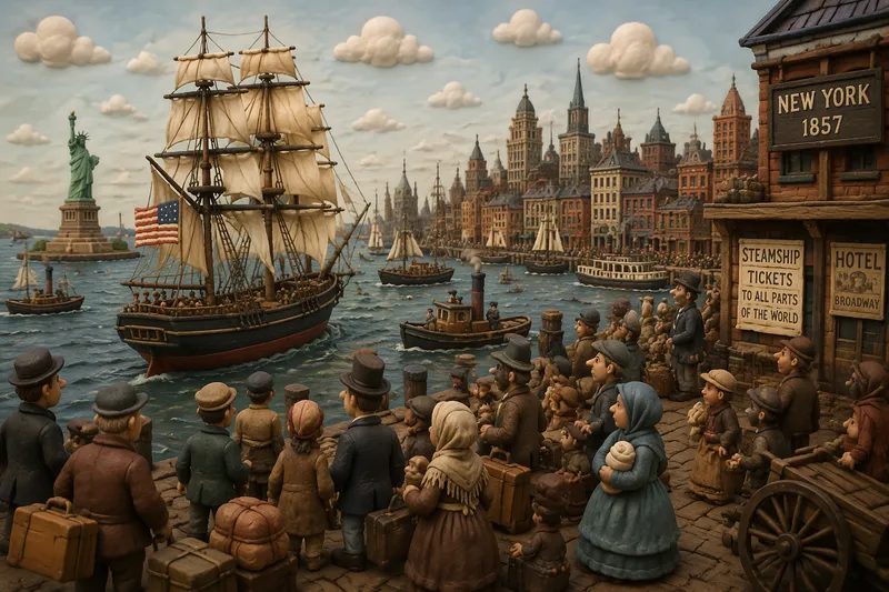 Satoja maahanmuuttajia saapumassa New Yorkin satamaan 1800-luvulla