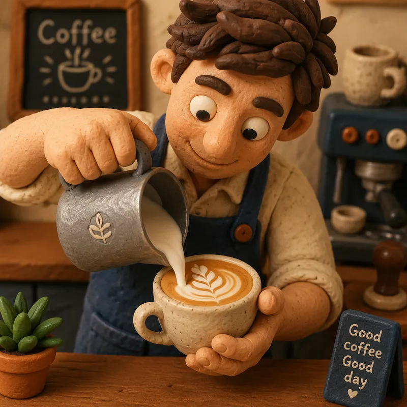 Barista valmistamassa täydellistä latte-kahvia