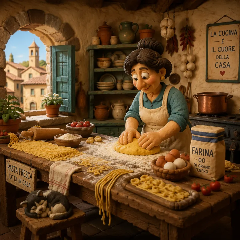 Perinteistä italialaista ruoanvalmistusta rustiikkisessa keittiössä