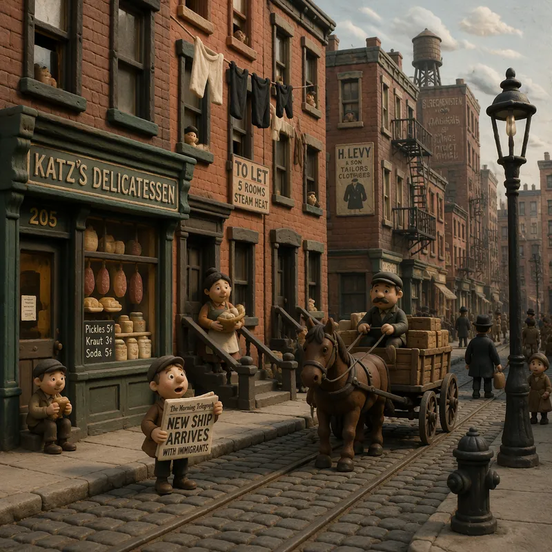Vanha katunäkymä tiilitaloineen 1900-luvun alun New Yorkissa