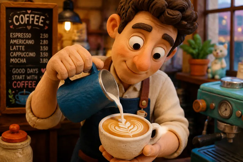 Barista valmistamassa latte-taidetta kodikkaassa kahvilassa