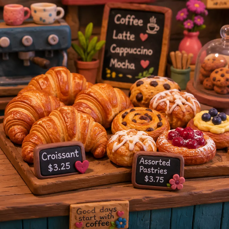 Tuoreita leivonnaisia ja croissantteja tarjolla kahvilan tiskillä