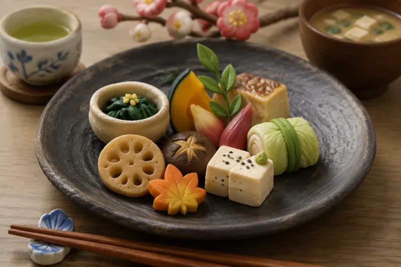 Tyylikäs japanilainen kasvisannos keramiikkalautasella Tyylikäs japanilainen kasvisannos keramiikkalautasella