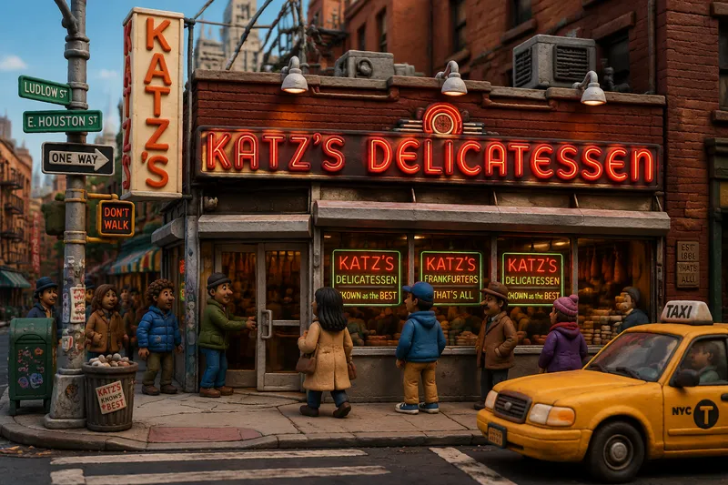 Katz's Delicatessenin ikoninen sisäänkäynti ja neonvalo Katz's Delicatessenin ikoninen sisäänkäynti ja neonvalo