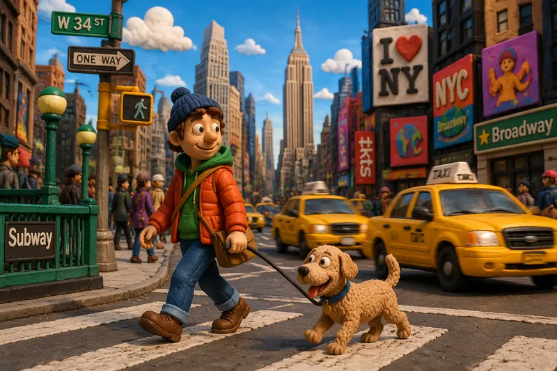 Ihminen ulkoiluttaa koiraa New Yorkin kadulla