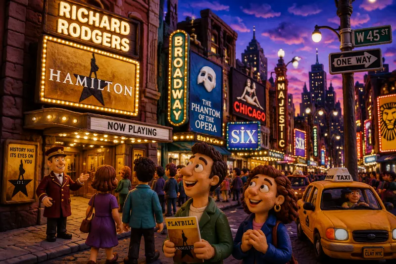 New Yorkin teatterialueen kirkkaat valomainokset iltahämärässä New Yorkin teatterialueen kirkkaat valomainokset iltahämärässä