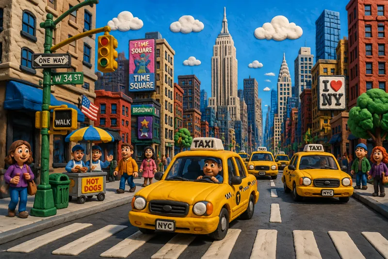 Keltainen taksi ajamassa New Yorkin kadulla