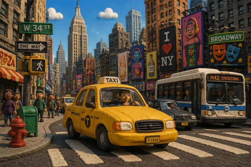 Klassinen keltainen taksi ajamassa New Yorkin vilkkailla kaduilla