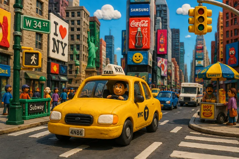 Keltainen taksi ajamassa New Yorkin kadulla Keltainen taksi ajamassa New Yorkin kadulla