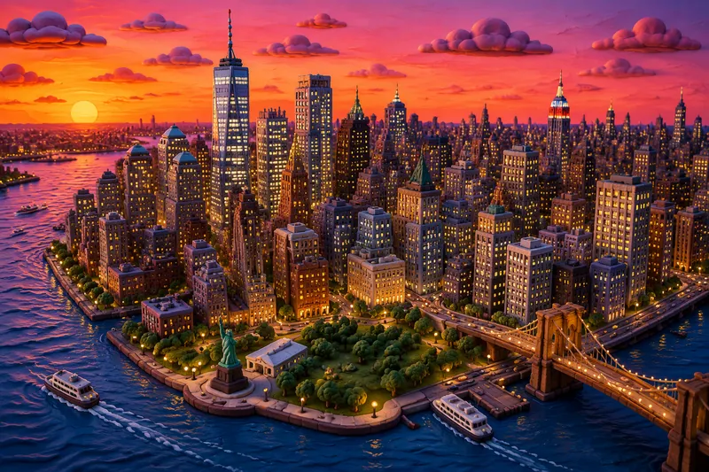 New Yorkin kaupunkinäkymä pilvenpiirtäjineen auringonlaskun aikaan