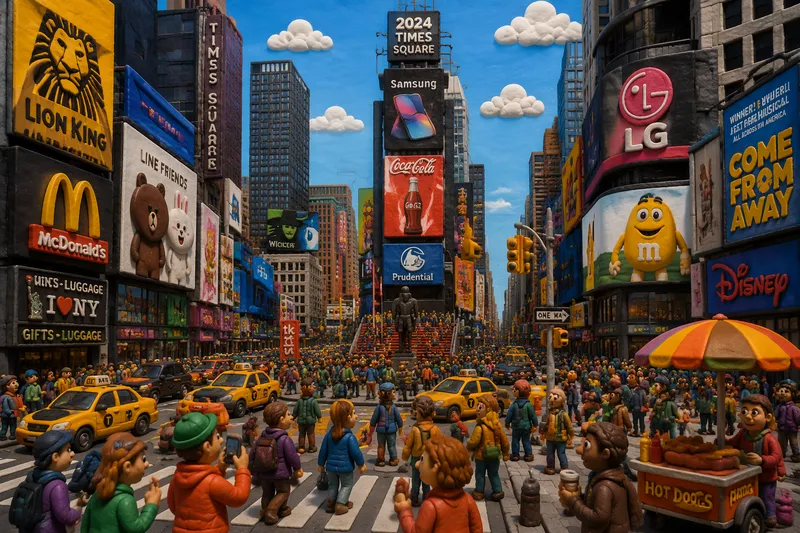 Times Square ja sen suuret valomainokset vilkkaassa kaupungissa Times Square ja sen suuret valomainokset vilkkaassa kaupungissa
