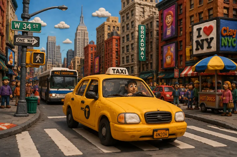 Keltainen taksi ajamassa vilkkaalla New Yorkin kadulla