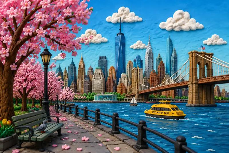 New Yorkin siluetti keväällä kirsikankukkien kera