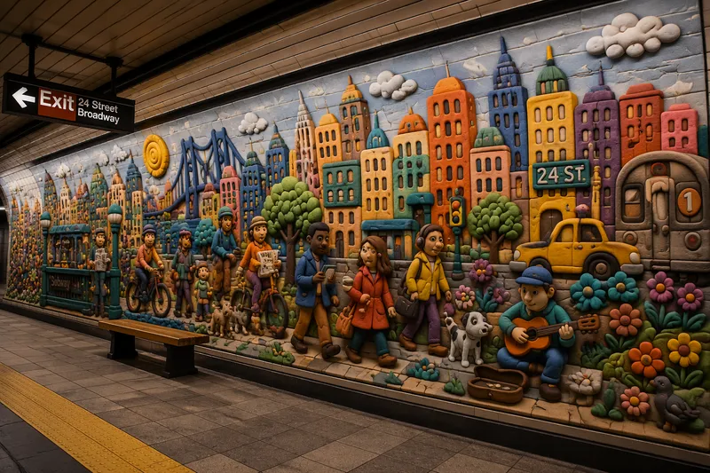 Värikäs mosaiikkitaideteos New Yorkin metroaseman seinällä