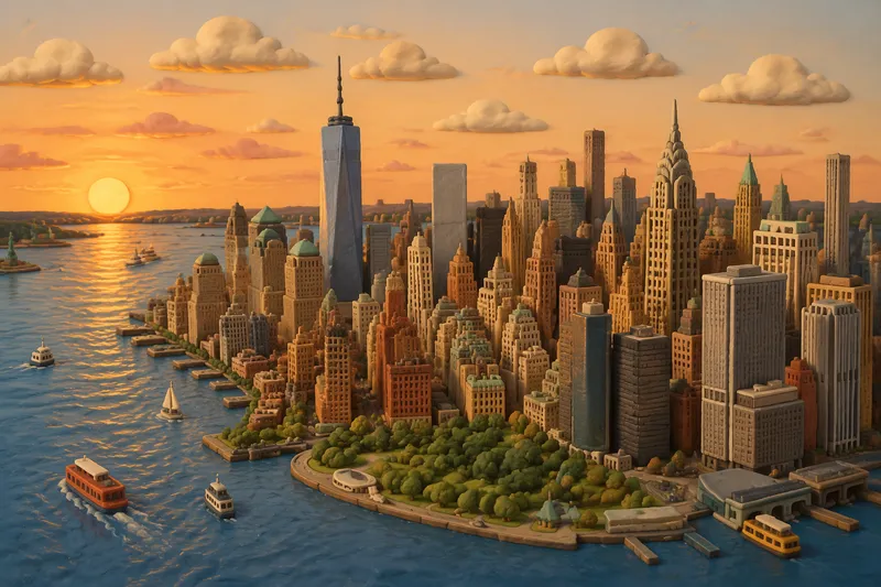 New Yorkin pilvenpiirtäjät ja Manhattanin siluetti iltavalaistuksessa
