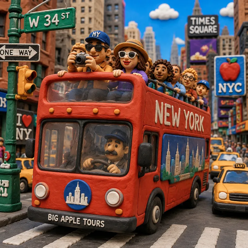 Turistibussi ajamassa vilkkaalla kadulla New Yorkissa
