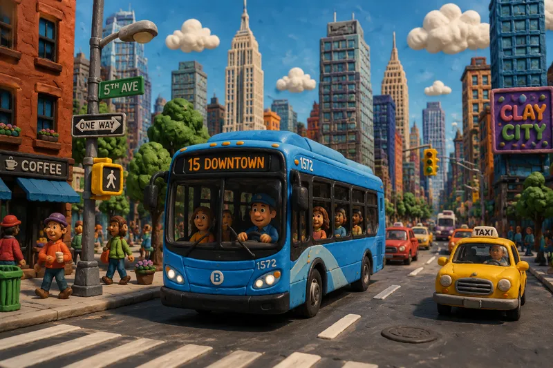 New Yorkin keltaiset ja siniset bussit vilkkaassa katukuvassa