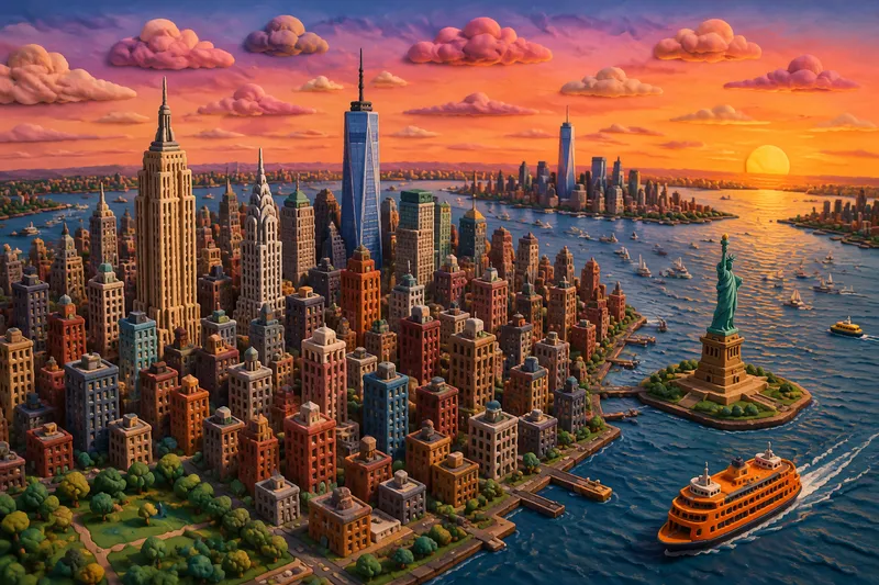 New Yorkin ikoninen siluetti auringonlaskun aikaan