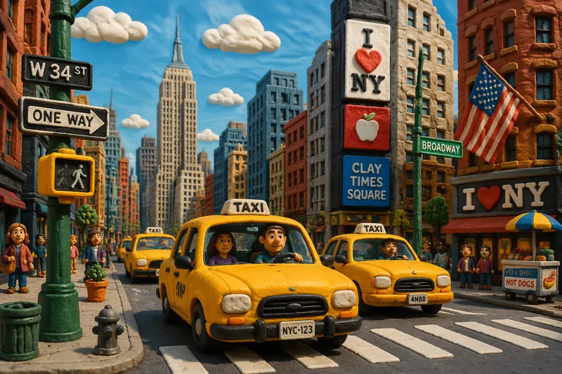 New Yorkin keltaisia takseja vilkkaalla kaupunginkadulla