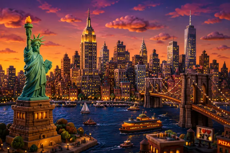New Yorkin valaistu siluetti hämärässä
