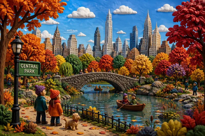 New Yorkin Central Park syksyllä ja kaupungin siluetti