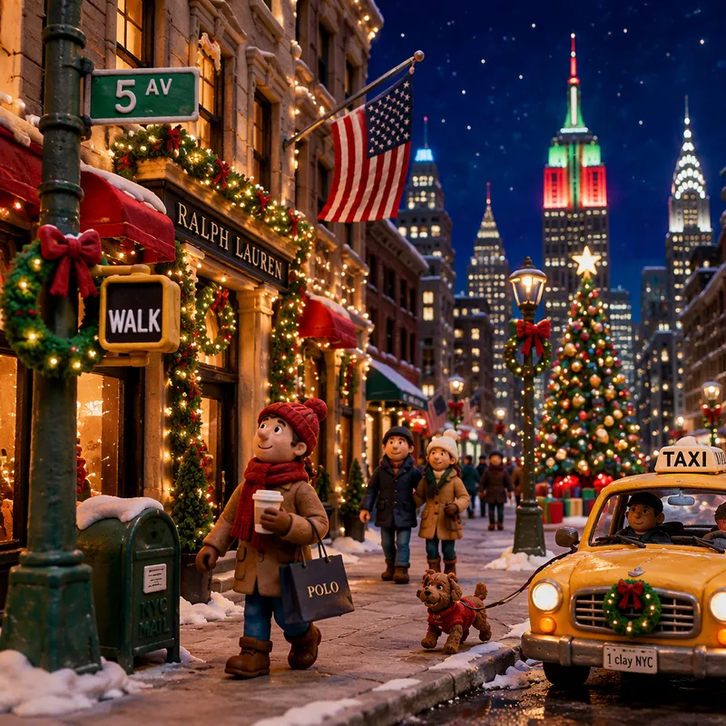 Joulukoristeet ja valot New Yorkin kadulla talvella