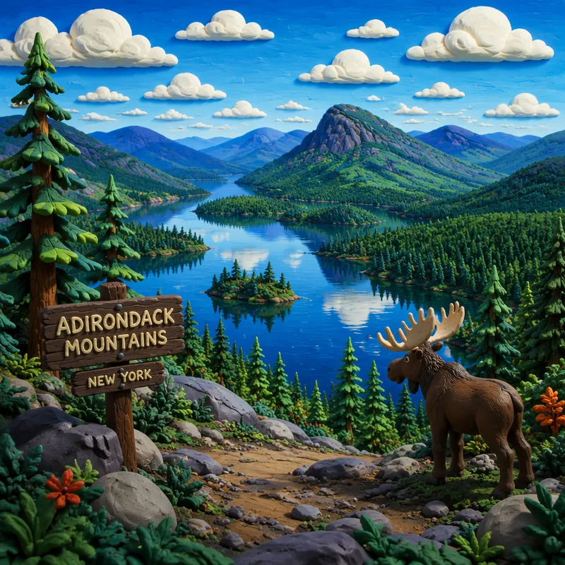 Adirondack-vuoriston metsäinen maisema ja tyyni järvi