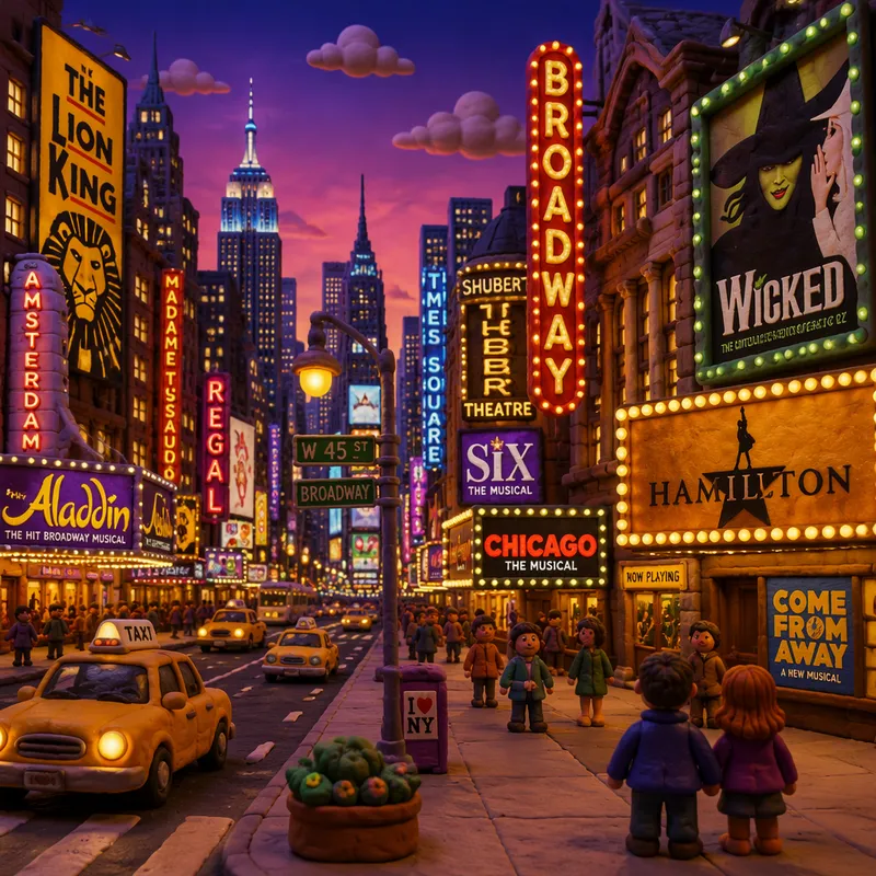 Broadwayn teatterialueen kirkkaat valot hämärässä