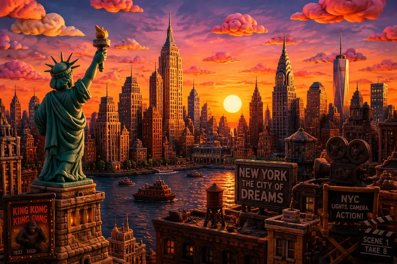 New Yorkin kaupunkinäkymä auringonlaskun aikaan