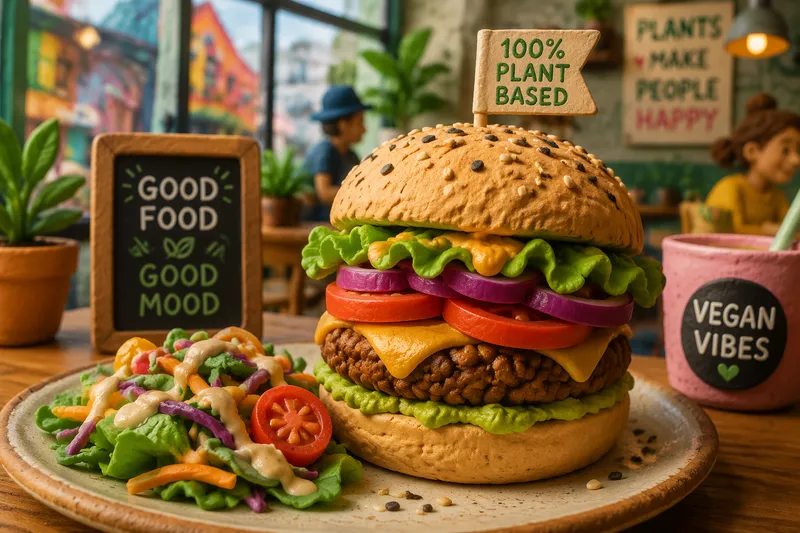 Vegaaninen burgeri ja tuoretta salaattia ravintolassa
