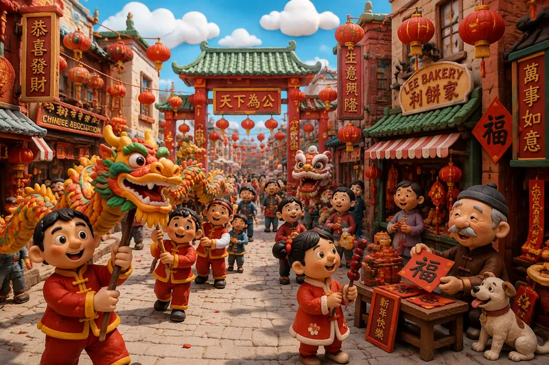 Punaiset lyhdyt koristavat Chinatownin katuja juhlan aikaan Punaiset lyhdyt koristavat Chinatownin katuja juhlan aikaan