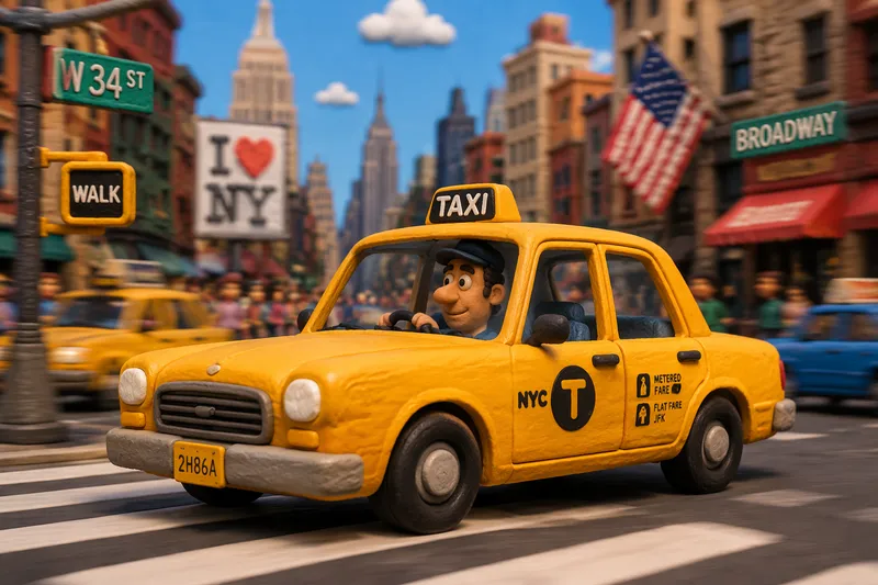 Keltainen taksi ajamassa New Yorkin kadulla