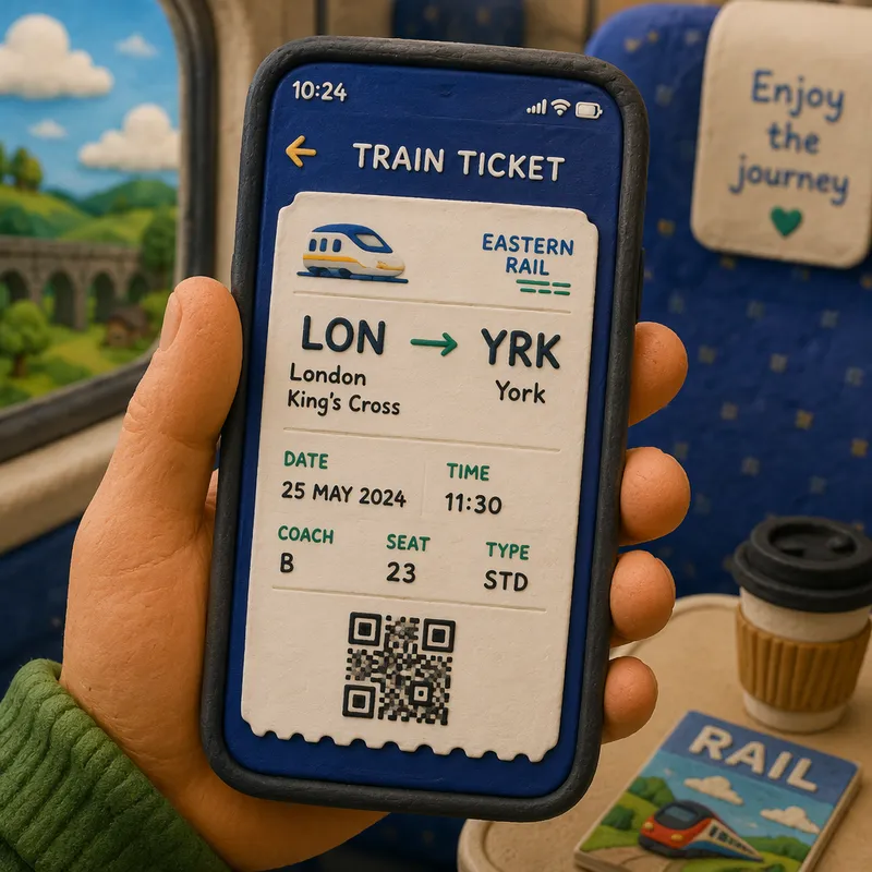 Älypuhelimen näytöllä näkyvä digitaalinen junalippu Älypuhelimen näytöllä näkyvä digitaalinen junalippu