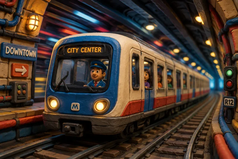 Moderni juna kulkee tunnelissa kaupungin alla Moderni juna kulkee tunnelissa kaupungin alla
