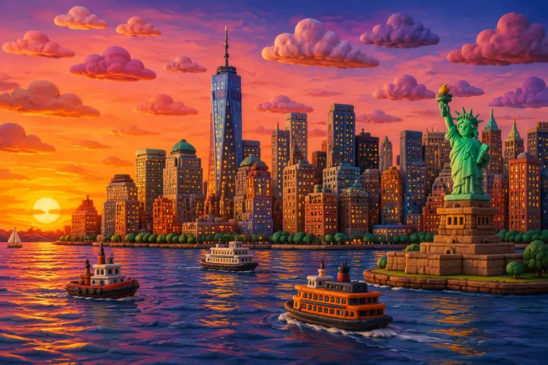 Manhattanin taivasraja iltavalaistuksessa auringonlaskun aikaan Manhattanin taivasraja iltavalaistuksessa auringonlaskun aikaan