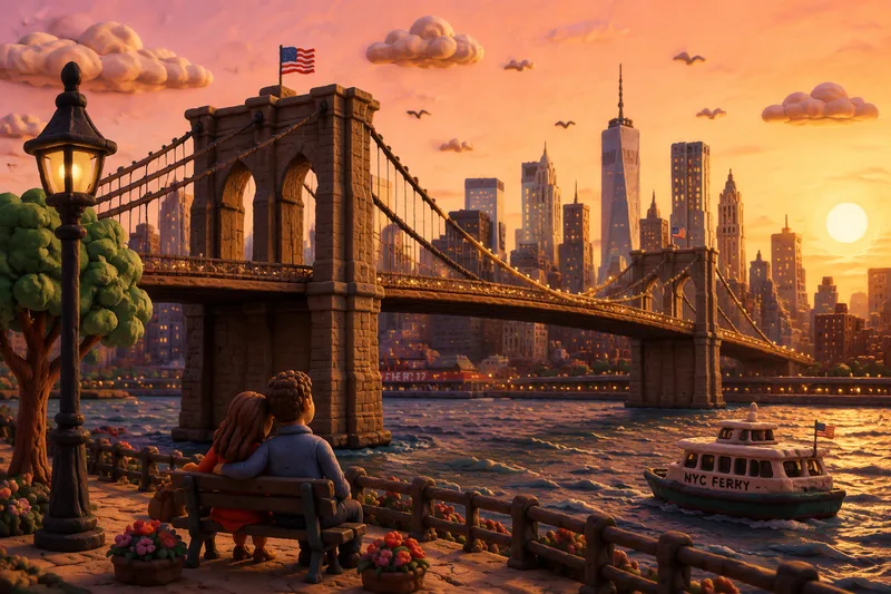 Brooklyn Bridge New Yorkin yllä kultaisen tunnin aikaan