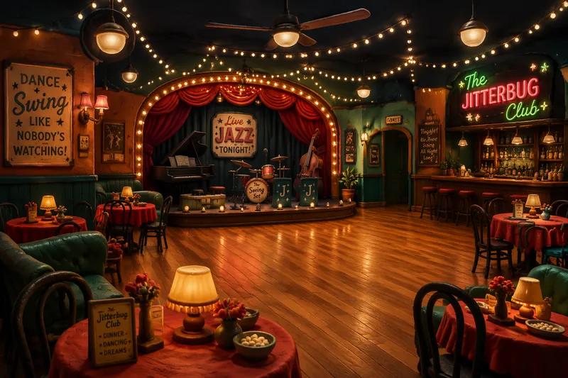 Tunnelmallinen swing-tanssiravintola vintage-sisustuksella